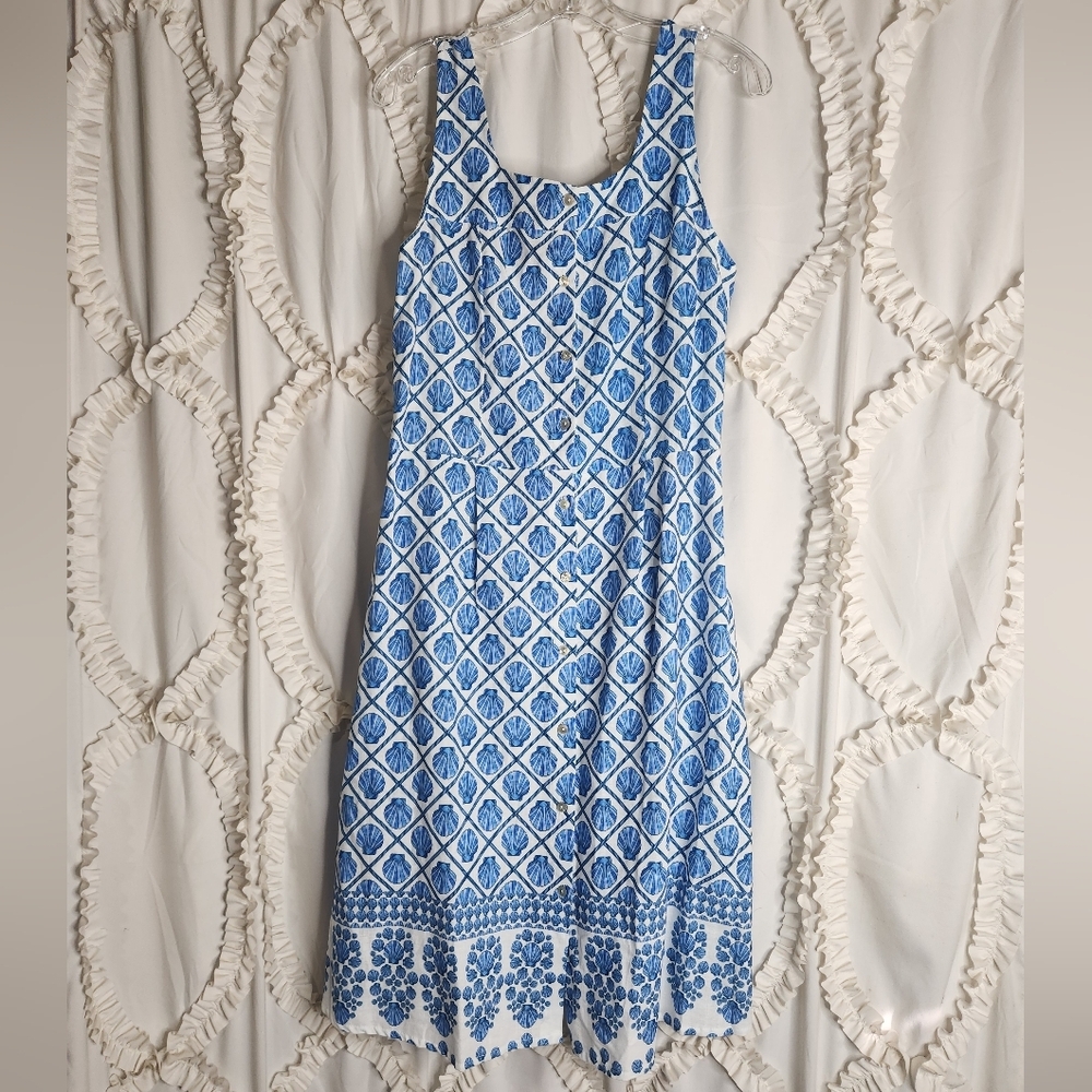 Spighe Di Lino Italy Linen Blend Blue White Shell Print Dress Size Large